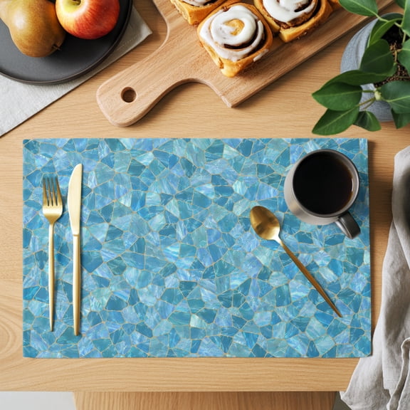 Mosaic Tile Placemats Set of 1, Coastal Teal Square Grid Blue Ombre Tiles Poolside Non-Slip Place Mats Washable Table Mats for Kitchen Dining Table Decorations Indoor/Outdoor