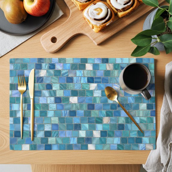 Mosaic Tile Placemats Set of 1 Teal Square Grid Blue Ombre Tonal Block Poolside Heat Insulation Non-Slip Place Mats Washable Table Mats for Dining room Party Kitchen Decor, 13 x 19 Inches