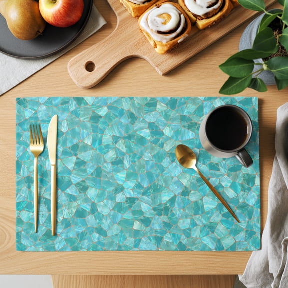 Mosaic Tile Placemats Set of 12, Coastal Teal Square Grid Mint Green Tiles Poolside Non-Slip Place Mats Washable Table Mats for Kitchen Dining Table Decorations Indoor/Outdoor