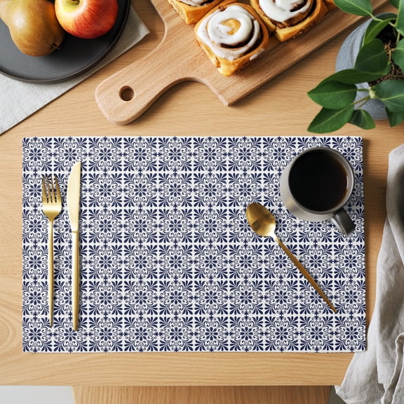 Mosaic Tile Placemats Set of 12, Vintage Abstract Indigo Damask Plaid Non-Slip Place Mats Washable Table Mats for Kitchen Dining Table Decorations Indoor/Outdoor