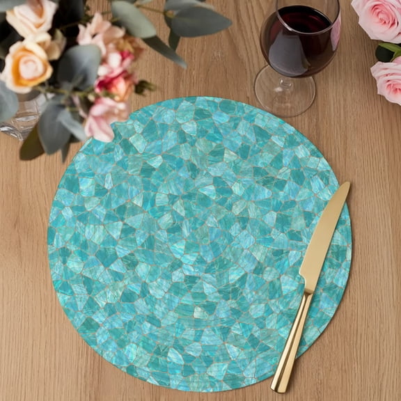 Mosaic Tile Round Braided Placemats Set of 1, Coastal Teal Square Grid Mint Green Tiles Poolside Heat Insulation Place Mats Washable Non-Slip Table Mats for Kitchen Dining Party, 13 Inches
