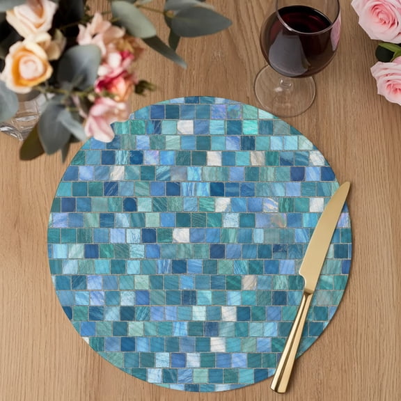 Mosaic Tile Round Braided Placemats Set of 2, Teal Square Grid Blue Ombre Tonal Block Poolside Heat Insulation Place Mats Washable Non-Slip Table Mats for Kitchen Dining Party, 13 Inches