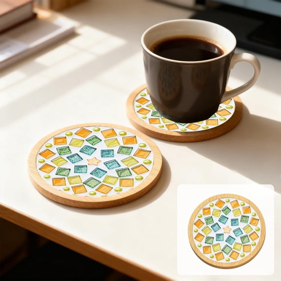 Mosaic Tile Set, Complete DIY Crafts Kit Wooden Cup Mat, Mixed Color Mosaic Tiles 6ml Glue Tools for Beginners KidsGift