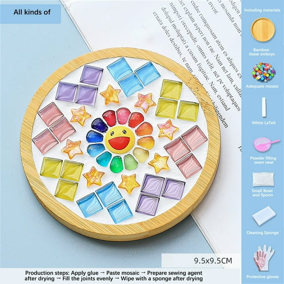 Mosaic Tile Set, Complete DIY Crafts Kit for Wooden Cup Mats, Mixed Color Mosaics with Tools Glue Sealant Beginner Friendly Gift Pack