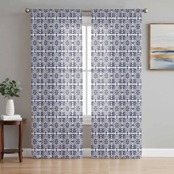 Mosaic Tile Sheer Curtains for Living Room Bedroom, Vintage Abstract Indigo Damask Plaid Light Filtering Sheer Curtain Rod Pocket Voile Window Treaments Drapes, 52 x 108 Inches