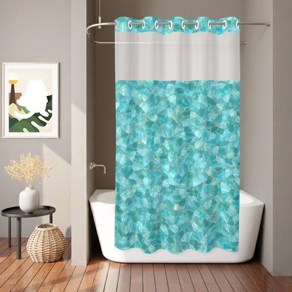 Mosaic Tile Shower Curtain, Coastal Teal Square Grid Mint Green Tiles Poolside Waterproof No Hooks Bath Shower Curtain with See Through Top Window for Bathroom Bathtub 36x72in