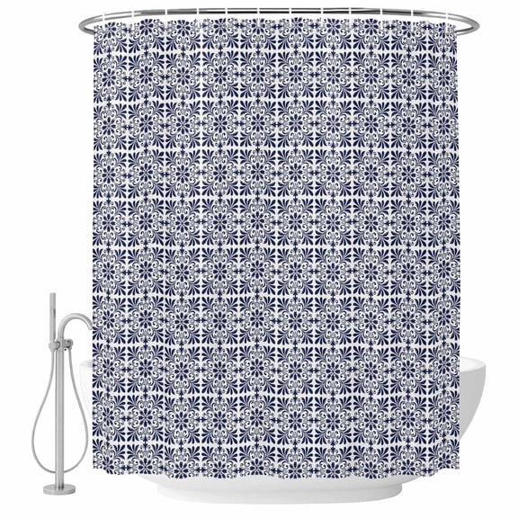 Mosaic Tile Shower Curtain Set with Hooks, Vintage Abstract Indigo Damask Plaid Water Repellent Shower Curtains for Bathroom Decor Sturdy Shower Curtain, Machine Washable 72x84 Inch