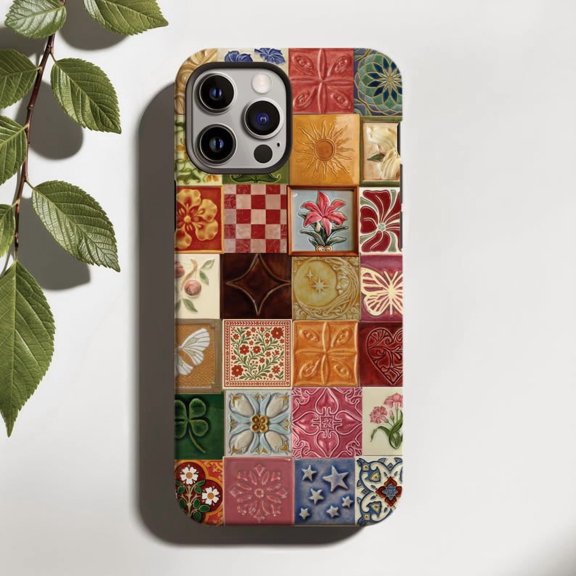 Mosaic Tile Tough Phone Case, Geometric Pattern Protective Matte Cover Compatible with iPhone 14 Pro