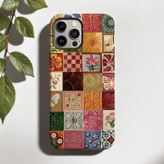Mosaic Tile Tough Phone Case, Geometric Pattern Protective Matte Cover Compatible with iPhone 17 Pro