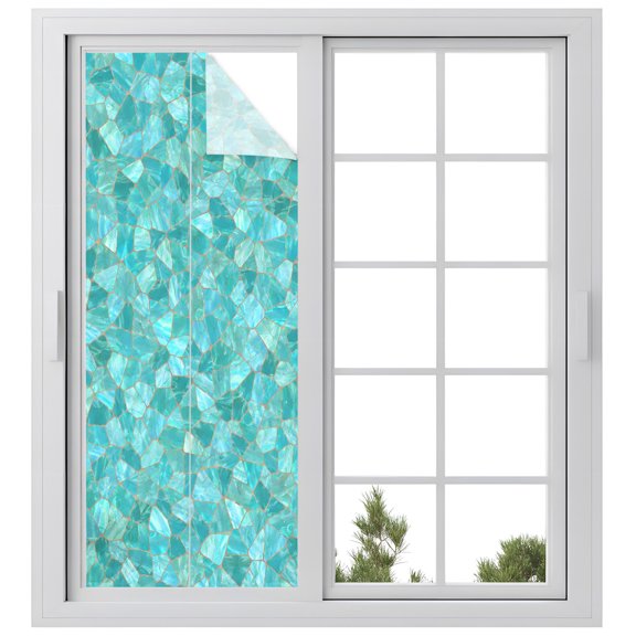 Mosaic Tile Window Privacy Film 23.6x 59in Coastal Teal Square Grid Mint Green Tiles Poolside Decorative Window Film with Static Cling, UV Filtering Window Cling Privacy Film for Glass Doors