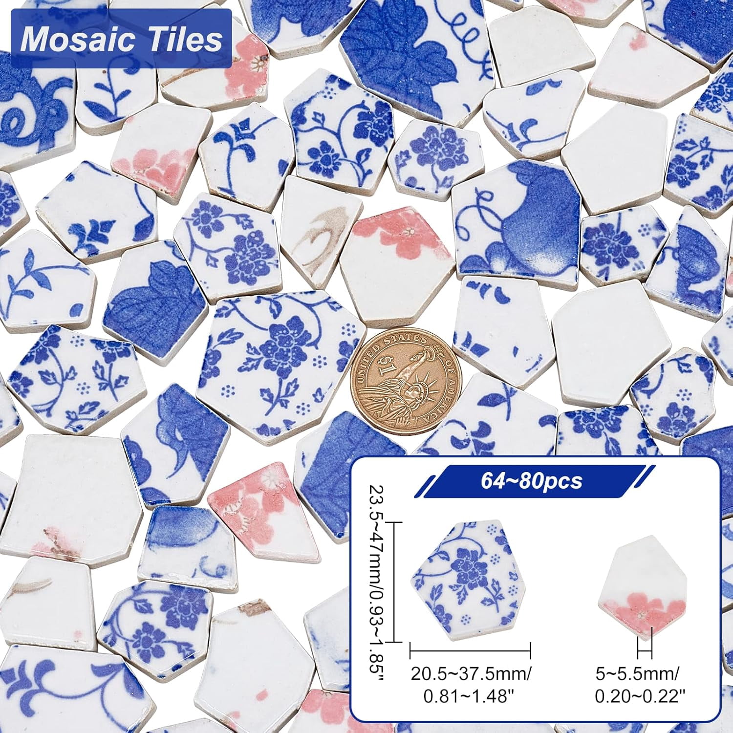 Mosaic Tiles Broken Ceramic Tiles Blue and White Irregular China Porcelain Glazed Mosaic Pieces 19.6x21inch