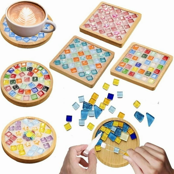 Mosaic Tiles for Crafts,Mixed Color Glass Mosaic Kits with Wooden Coaster for Adults,for Handmade Home Decoration,1 set * mosaic craft kits for adults,Random Color