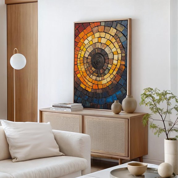 Mosaic Tree Ring Art Poster Earthy Orange And Blue Wood Decor Rustic Natural Wall Art With Organic , Poster Print Only