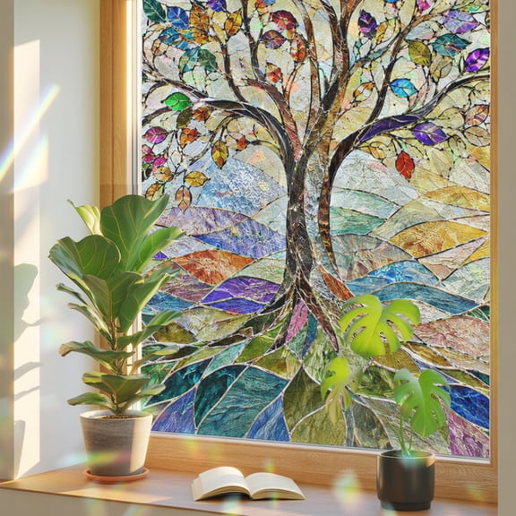 Mosaic Tree Window Privacy Film, Boho Colorful Mosaic Tiles Leaves Golden Sun Static Cling Stained Glass Window Sticker Decorative Removable Rainbow Film for Glass 17.7”x39.3”