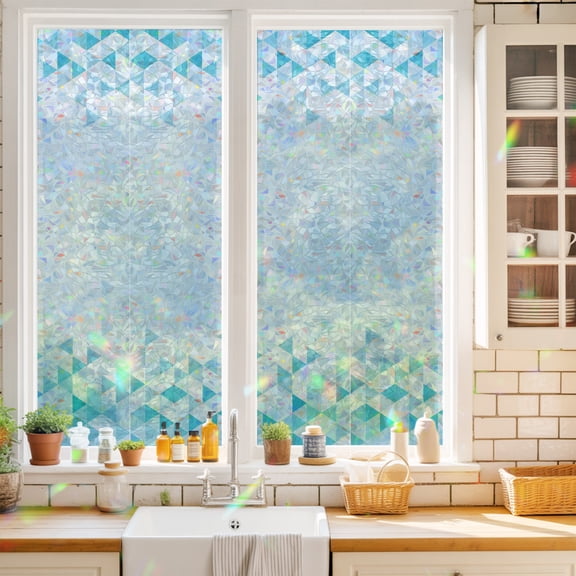 Mosaic Triangles Window Privacy Film Abstract Mosaics Teal Blue Gradient Modern Static Cling Stained Glass Window Film Non-Adhesive Decorative Decals Rainbow Sticker 17.7"X39.3"