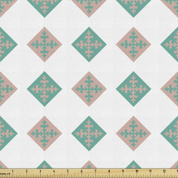 Mosaic Upholstery Fabric by the Yard, Geometric Illustration with Flowery Motifs Inside Rhombus Pattern, Decorative Fabric for DIY and Home Accents, 2 Yards, Dark Seafoam and Pale Rose by Ambesonne