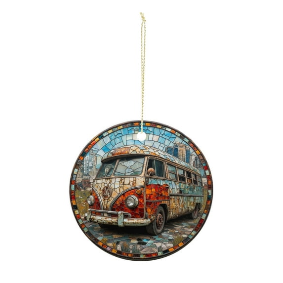 Mosaic VW Bus Christmas ornament, Christmas decoration, holiday present idea, heirloom keepsake, round ceramic, gift Exchange, bauble present, gift idea