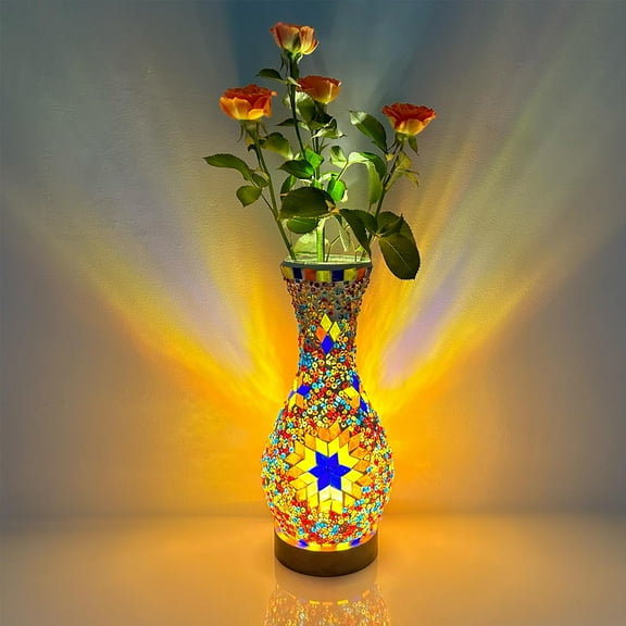 Mosaic Vase Lamp, Turkish Moroccan Table Lamp，Colorful Handmade Glass Vase with Wood Base for Flowers