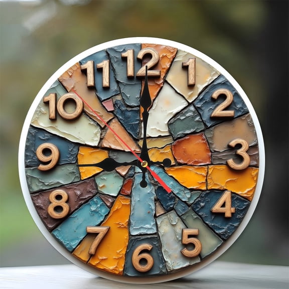 Mosaic Wall Clock Handmade Artisan Home Decor 10-Inch Silent Wooden Wall Clock, Battery Operated (AA Batteries Not Included), Artistic Home Decor