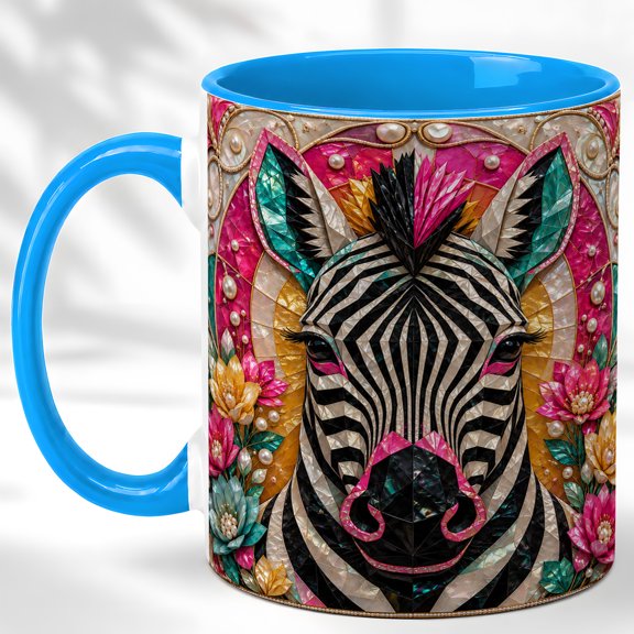 Mosaic Zebra Coffee Mug, Floral Wildlife Mug, Ceramic 11 oz