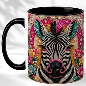 Mosaic Zebra Coffee Mug, Floral Wildlife Mug, Ceramic 11 oz