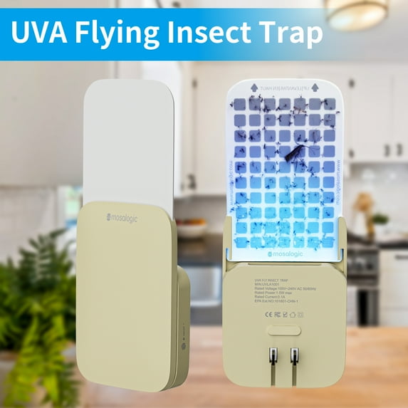 Mosalogic Flying Insect Trap, Fly Trap with Night Light UV Attractant Catcher (Yellow, 1 Device + 5 Refills)