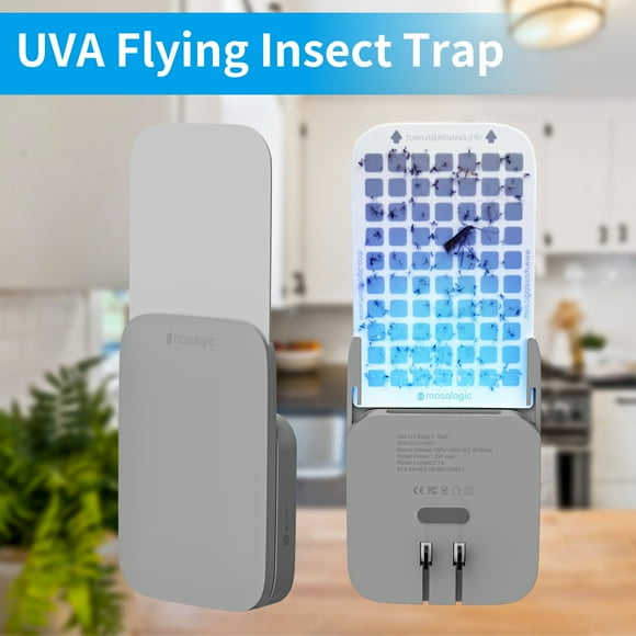 Mosalogic Flying Insect Trap, Indoor Fly Trap Gnat Moth Catcher (Grey, 1 Device + 5 Refills)