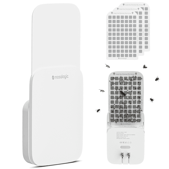 Mosalogic Flying Insect Trap, Plug-in Indoor Gnat Moth Catcher Fly Trap with Night Light UV Attractant Catcher for Home Office (White, 2 Pack)