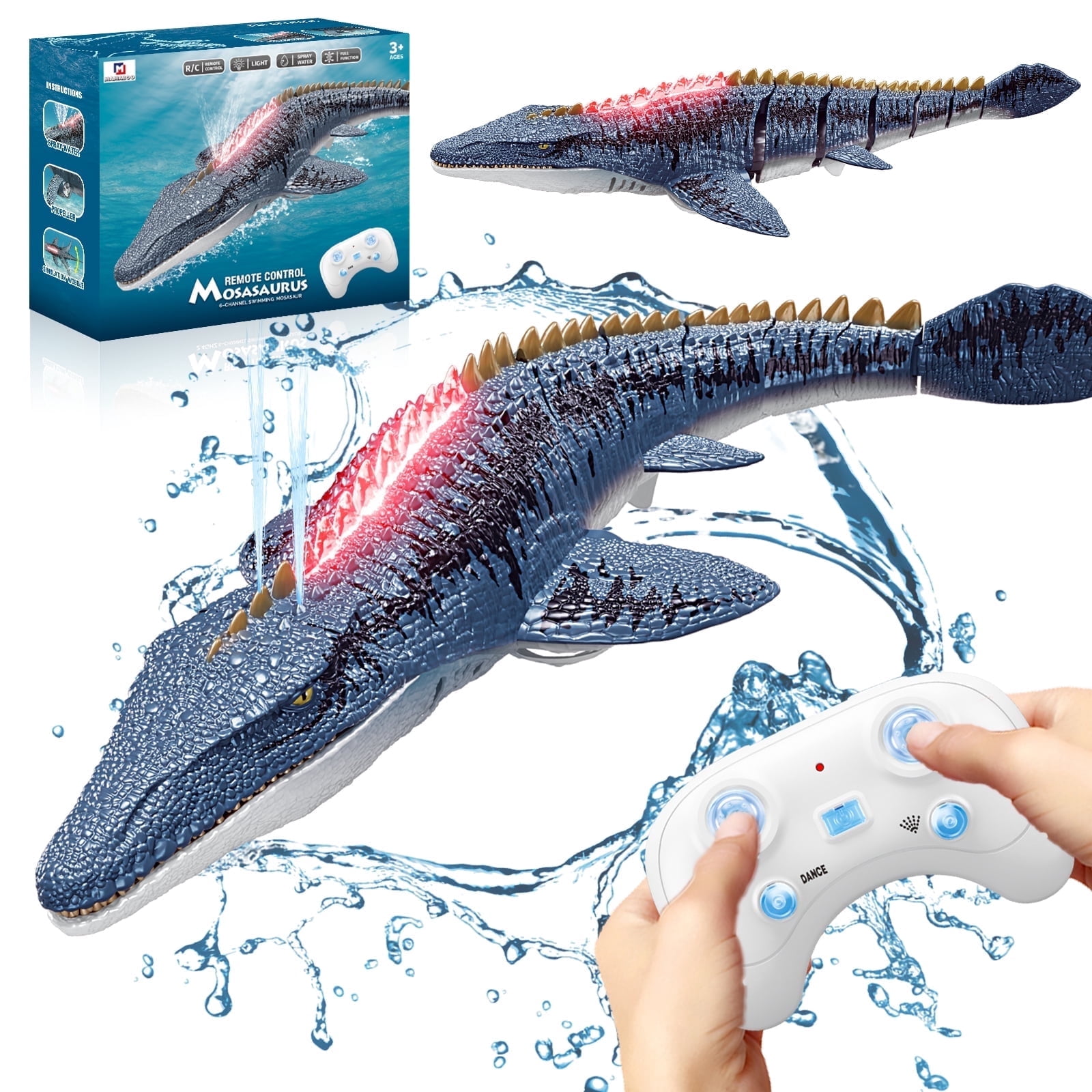 UFULMN Remote Control Mosasaurus Dinosaur Toys for Boys Kids Rechargable Swimming Pool Toys Electric RC Sea Monster with Light & Spray Water 3 4 5 6+