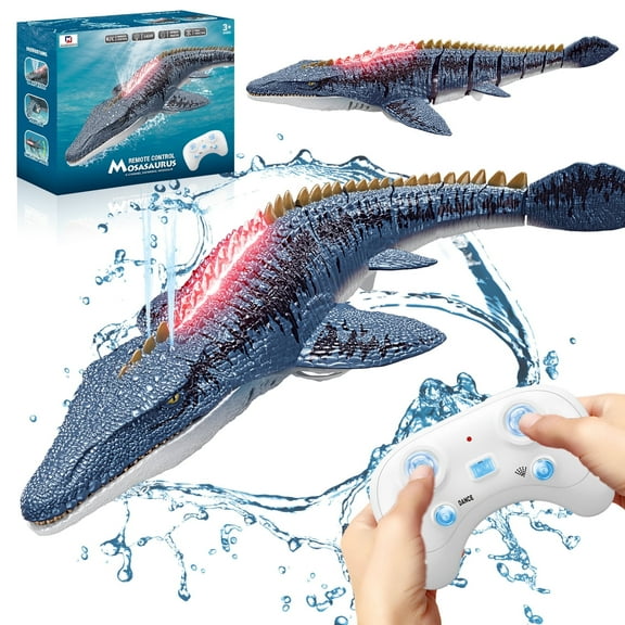 UFULMN Remote Control Mosasaurus Dinosaur Toys for Boys Kids Rechargable Swimming Pool Toys Electric RC Sea Monster with Light & Spray Water 3 4 5 6+