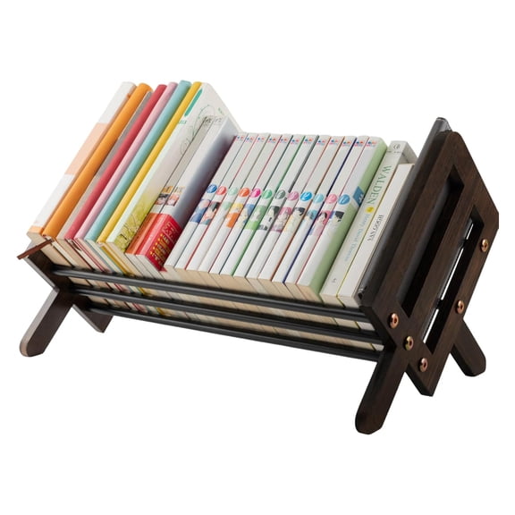 Mosawomo 16" Tilting Desktop Bookshelf, Wooden & Iron Book Organizer for Books, Magazines, CDs, Storage Shelf for Home, Office(Brown)