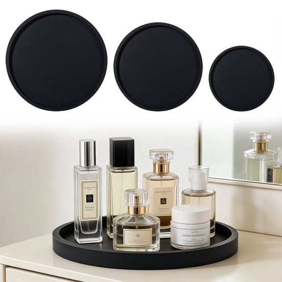 Mosawomo 3pcs Silicone Bathroom Tray, Shatterproof Round Storage Tray for Vanity, Dresser & Countertop, Decorative Organizer for Perfume, Candles & Plants(Black)
