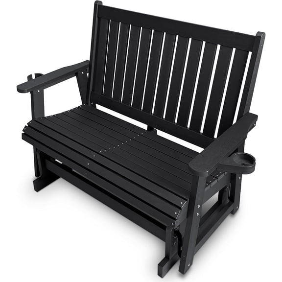 HIPS Patio Glider Two-Seat with Cup Holders, Durable HIPS Material, All-Weather Resistant, High Backrest and Deep Contoured Seat, Heavy Duty 900 lb, for Outdoor, Porch, Patio (Vanta Black)