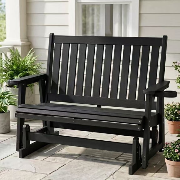 HIPS Patio Glider Two-Seat with Cup Holders, Durable HIPS Material, All-Weather Resistant, High Backrest and Deep Contoured Seat, Heavy Duty 900 lb, for Outdoor, Porch, Patio (Vanta Black)