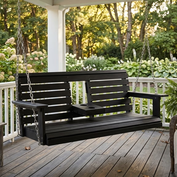 Mosbrisa Poly Lumber 3-Seat Porch Swing, HIPS 5-ft Bench Swing with Foldable Cup Holders,18/8 Stainless Steel Hardware, High Backrest and Deep Contoured Seat, Black