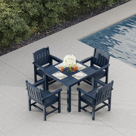 Mosbrisa Poly Lumber Patio Dining Set, HIPS Outdoor 36.2-Inches Dining Table and Slat Back Chairs, with Umbrella Hole, Weather Resistant, 5 Pieces, Navy Blue