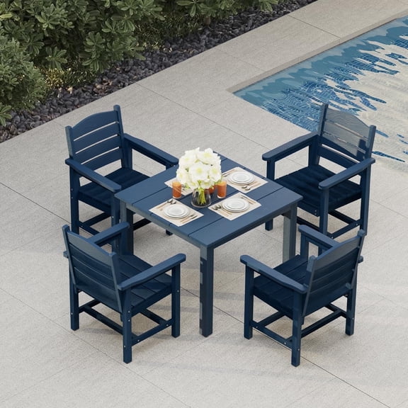 Mosbrisa Poly Lumber Patio Dining Set, HIPS Outdoor Dining Table and Slat Back Chairs, with Umbrella Hole, Weather Resistant, 5 Pieces, Navy Blue