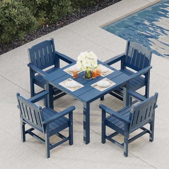 Mosbrisa Poly Lumber Patio Dining Set, HIPS Outdoor 36.2-Inches Dining Table and Slat Back Chairs, with Umbrella Hole, Weather Resistant, 5 Pieces, Navy Blue