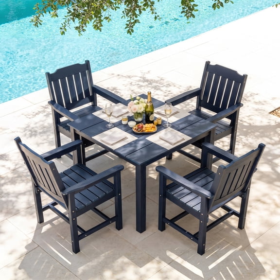 Mosbrisa Poly Lumber Patio Dining Set, HIPS Outdoor 36.2-Inches Dining Table and Slat Back Chairs, with Umbrella Hole, Weather Resistant, 5 Pieces, Navy Blue