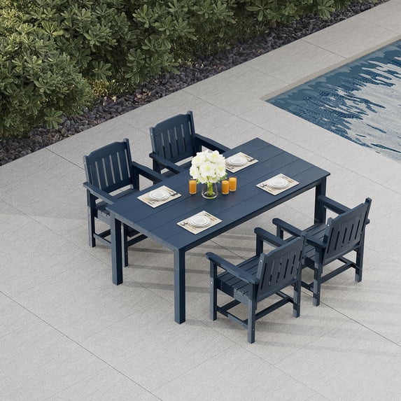 Mosbrisa Poly Lumber Patio Dining Set, HIPS Outdoor 70.9-Inches Dining Table and Slat Back Chairs, with Umbrella Hole, Weather Resistant, 5 Pieces, Navy Blue
