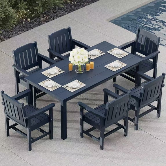 Mosbrisa Poly Lumber Patio Dining Set, HIPS Outdoor 70.9-inches Table and Slat Back Chairs, with Umbrella Hole, Weather Resistant (Navy Blue, 7 Piece)