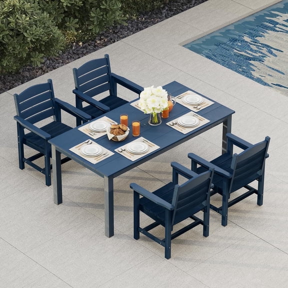 Mosbrisa Poly Lumber Patio Dining Set, HIPS Outdoor Dining Table and Chairs, with Umbrella Hole, Weather Resistant, 5 Pieces, Navy Blue