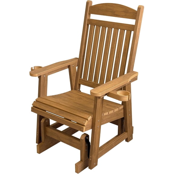 Mosbrisa Poly Lumber Patio Glider for One Person, with Cup Holders, High Backrest and Deep Contoured Seat, HIPS Material, All-Weather Resistant, Heavy Duty 700 LBS (Light Brown)