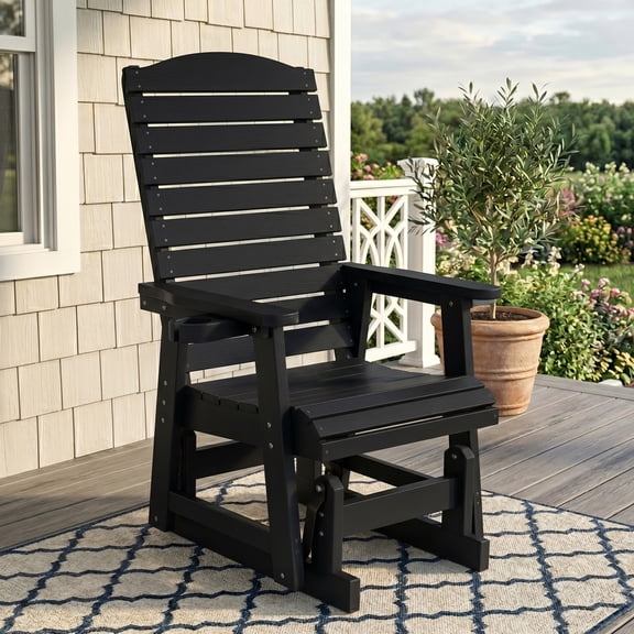 Mosbrisa HIPS Poly Lumber Patio Glider with Cup Holders, High Backrest and Deep Contoured Seat, for Outdoor, Porch, Garden, Black