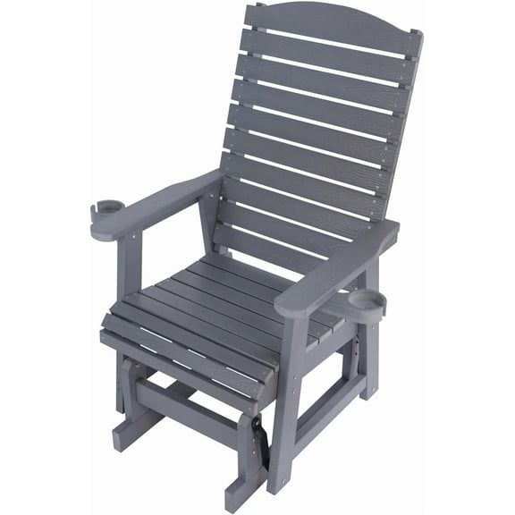 Mosbrisa HIPS Poly Lumber Patio Glider with Cup Holders, High Backrest and Deep Contoured Seat, for Outdoor, Porch, Garden, Gray