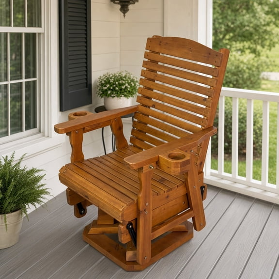 Mosbrisa Wooden Swivel Glider Chair, 360 Outdoor Patio Rocker with Ergonomic Design, Smooth Gliding Motion, Solid Fir Wood, Weather-Resistant PU Finish, Heavy Duty 500 lbs