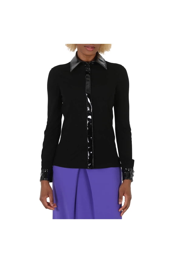 Black Vinyl Detail Long-Sleeve Organzine Shirt, Brand Size 36 ((US Size 2)