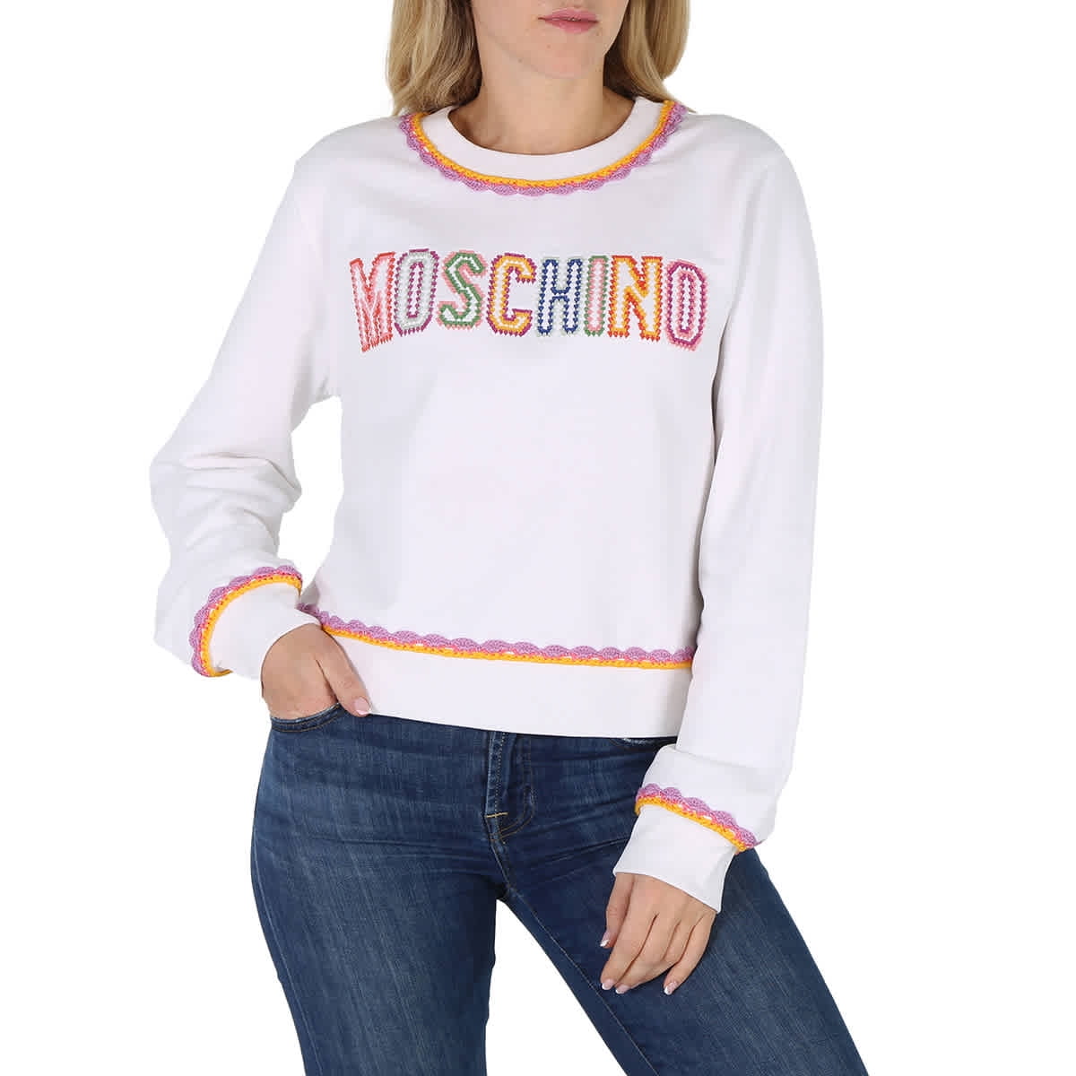 【関税&送料込】Moschino White Cotton Sweatshirt Moschino White Ice Logo Print Cotton Hoodie, Brand Size 40