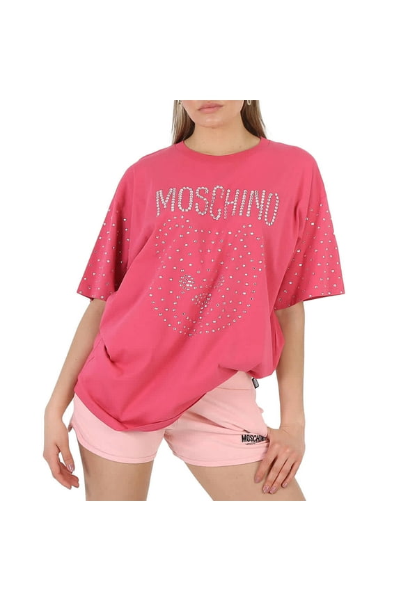 Fuschia Crystal Teddy Bear Oversize Cotton T-Shirt, Size XX-Small