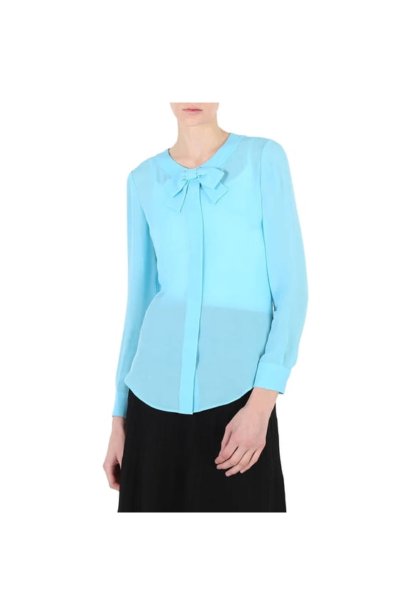 Ladies Light Blue Bow Detail Long-Sleeved Blouse, Brand Size 40 (US Size 6)